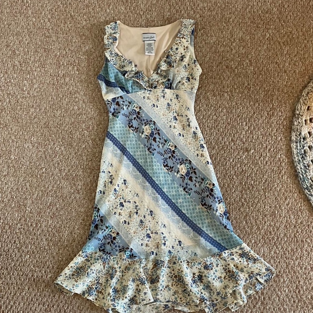 Vintage 90s Blue and Cream Floral Midi Dress